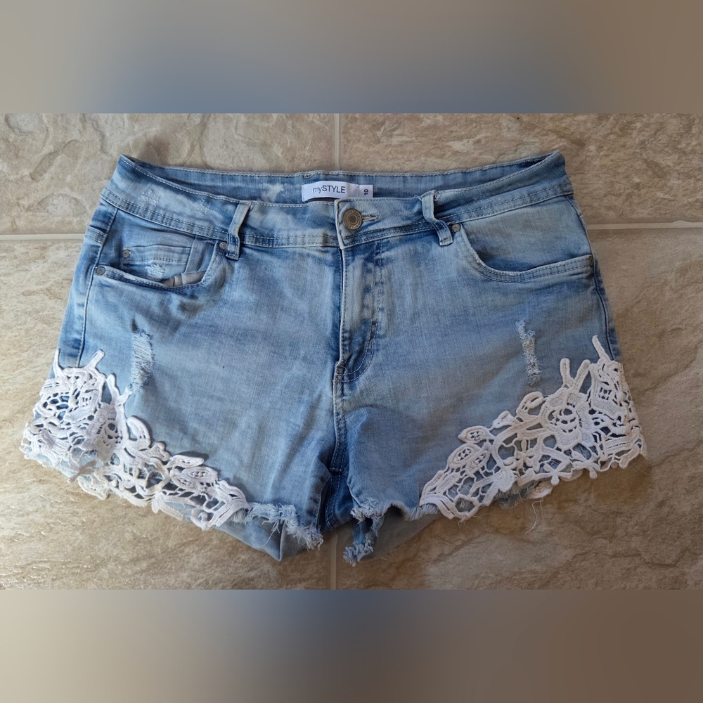 Blue and White Jean Shorts with Lace Trim